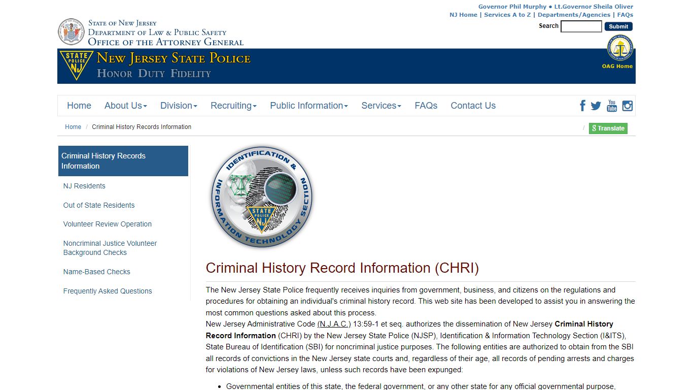 NJ Criminal History Records Information - Government of New Jersey